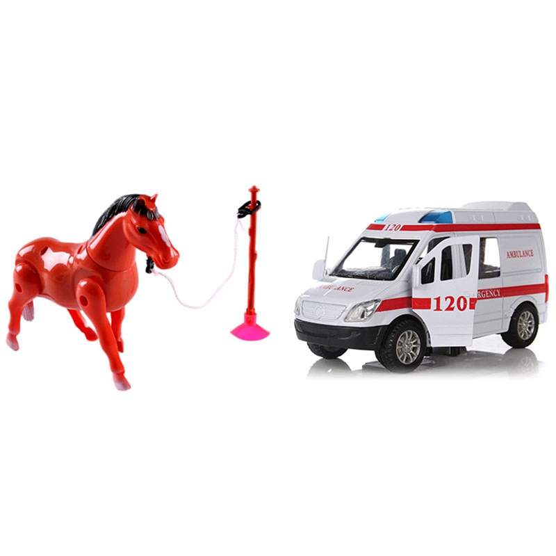 1 Set Electric Horse Around Pile Circle Toy Action Figure Toys & 1 Set Ambulance Vehicles Toys 1/32 Diecast Car Model